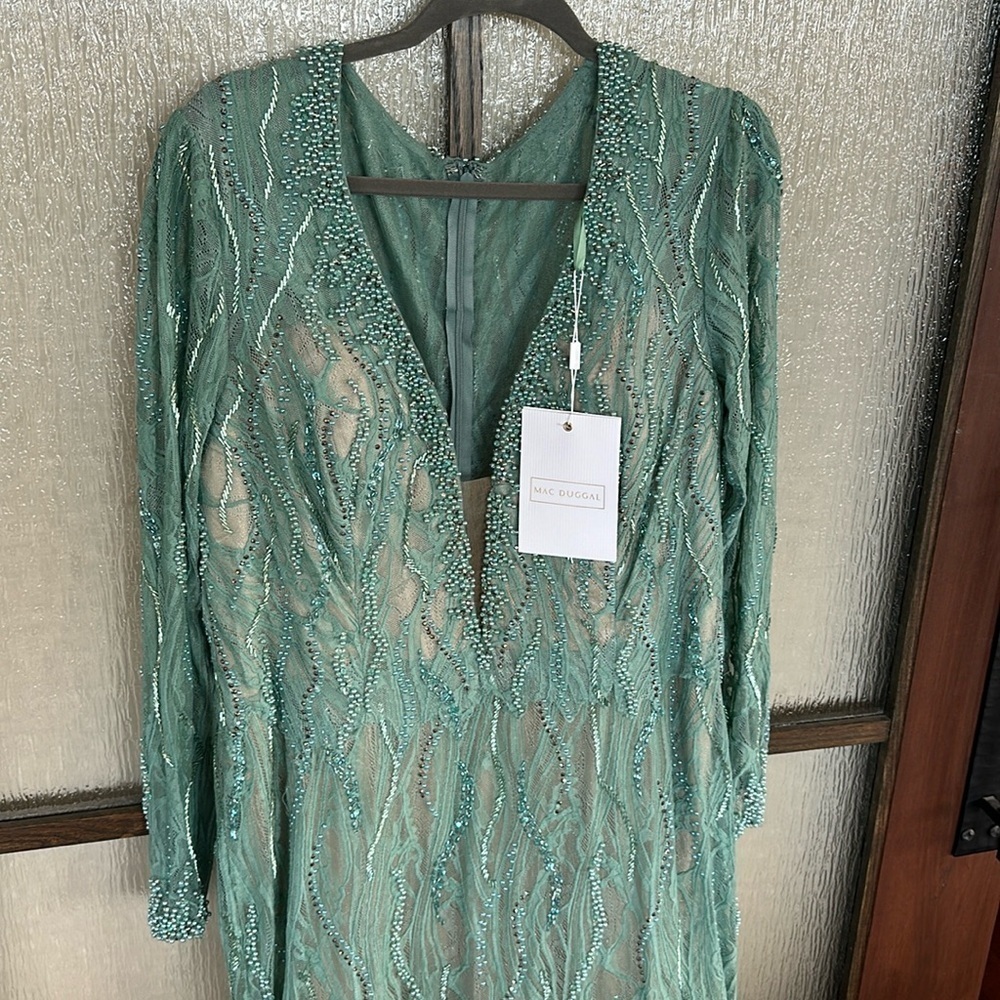 Mac Duggal Beaded Illusion Long Sleeve Plunge Neck Gown size 4 sold out… - Picture 7 of 15
